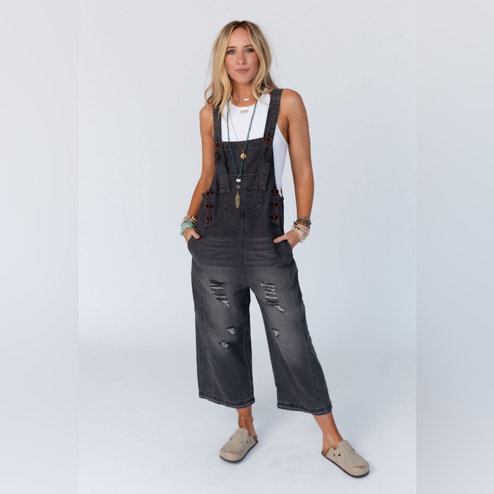 Women's Washed Black oversized Denim Overalls